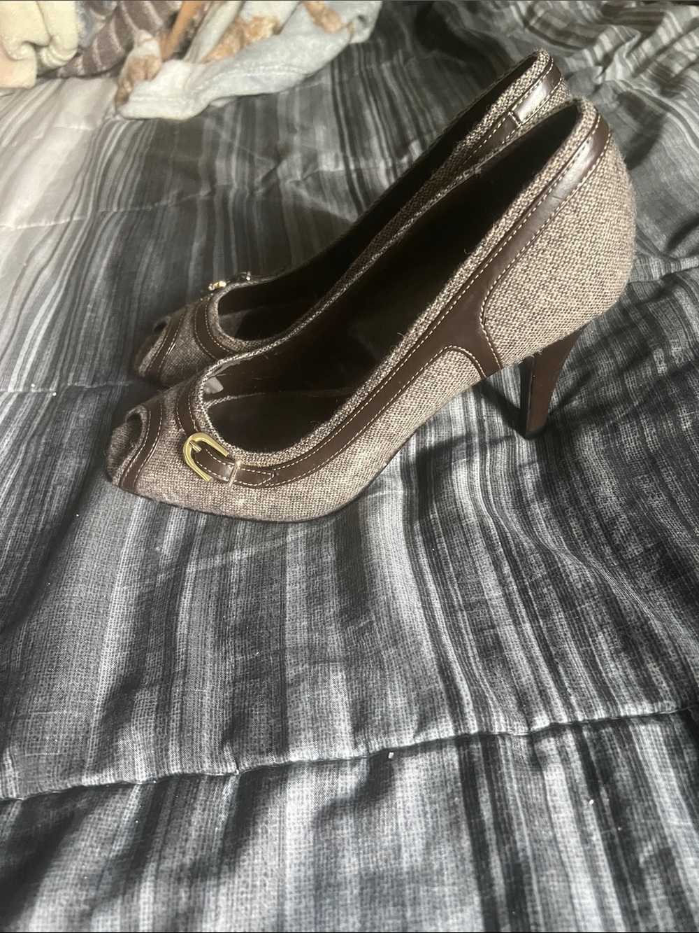 Worthington Metallic Taupe Peep-Toe Heels with Buckle Accent Coach Inspired